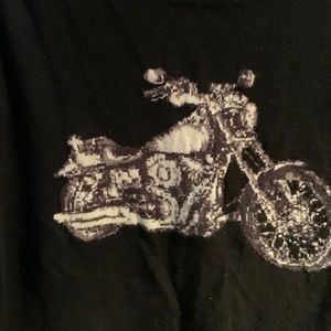 A size large long sleeve black sweater with motorcycle on front Rock &Republic